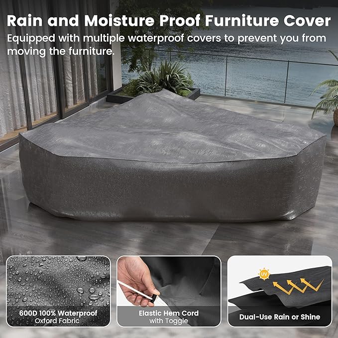 UDPATIO Patio Furniture Set, 8 Inch Armrest Outdoor Sectional Sofa, 6 Piece Wicker Outdoor Furniture Conversation Sets with Waterproof Cover and Coffee Table for Backyard Deck(Grey/Navy Blue)