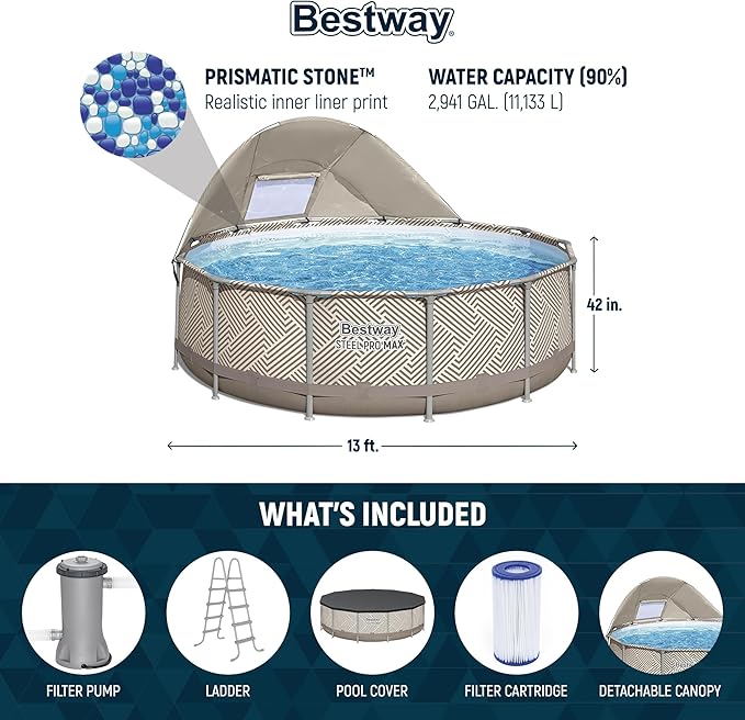 Bestway Steel Pro MAX 13' x 42" Above Ground Pool, Round Metal Frame Outdoor Swimming Pool Set with Canopy, Filter Pump, Ladder, and Cover, Taupe