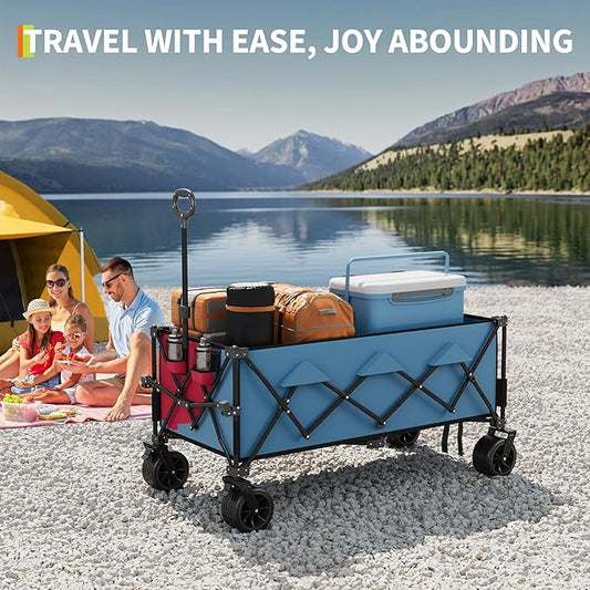 52" Foldable Wagon for Beach with 460lbs Weight Capacity, Heavy Duty 350L Extra Large Collapsible Foldable Wagon for Camping, All Terrain Beach Wagons Extended with Cup Holders for Sand