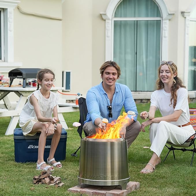 EchoSmile Stainless Steel Smokeless Fire Pit, 18-Inch Wood-Burning Outdoor Firepit with Adjustable Airflow, Three-Layer Combustion, Removable Ash Pan, Portable Fire Pit for Backyard, Patio & Camping