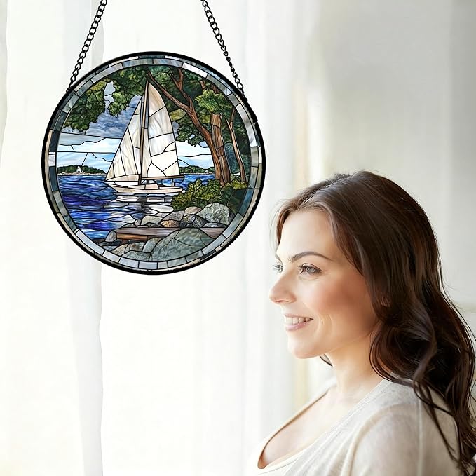 QZQCBLC Stained Glass Window Hanging Blue Ocean White Sailboat Large 11.8" - Nature Suncatcher Door Garden Sun Catcher Home Decor Birthday Christmas for Woman Mom Men Friend Nana