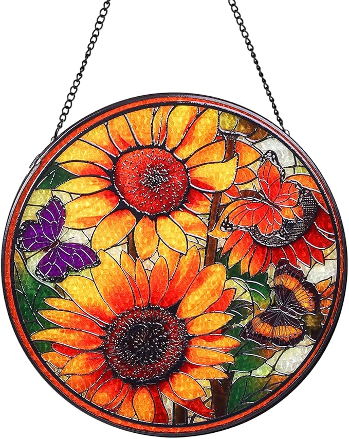 Wkyqes Sunflowers Handmade Stained Glass Window Hanging Suncatcher with Chain - 7.9" Outdoor/Indoor Art Decor for Home Garden, Wedding, Mother's, Valentine's & Christmas Ornaments Present