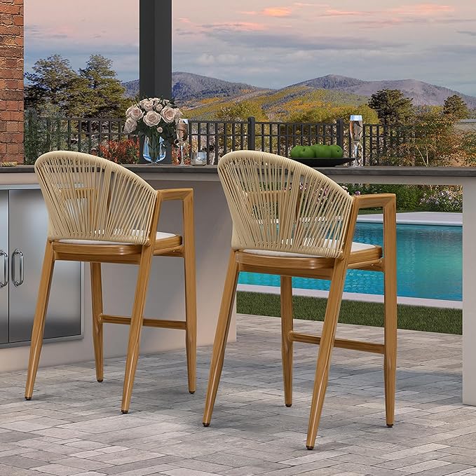 PURPLE LEAF Outdoor Wicker Bar Stool Set of 4 - Rattan Height Chairs, Aluminum Barstool for Patio, Kitchen Island, Lawn, Teak