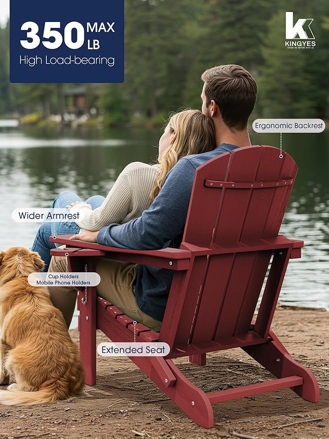 KINGYES Folding Adirondack Chair Set of 6, Dual Cup Holders & All-Weather HDPE, Wood-Like Patio Chair for Backyard, Camping, Pool & Fire Pit, Dark Red