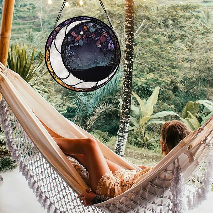 JOSUMALY Stained Glass Window Hanging - Black and White Moon Sun Catcher for Door Terrace Garden Home Decor, Abstract Plant Flower Suncatcher Birthday Gifts for Lovers Women Men Dad Mom Nana 7.8 in