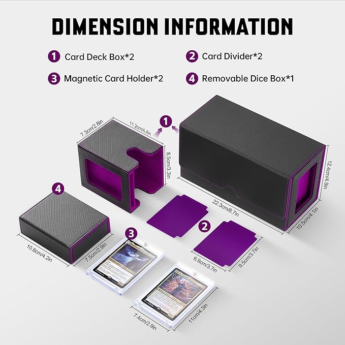ZLCA Card Deck Box with Commander window Display, MTG Deck Box with Dice Tray Holds 200+ Double-Sleered Cards,Card Storage Case fit for YuGiOh,MTG,Sport (Black&Purple)