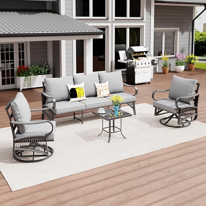 4 Piece Patio Furniture Set, All Weather Metal Outdoor Conversation Set with Swivel Chairs, Thick Cushions and Coffee Table for Garden, Porch, Lawn, Grey