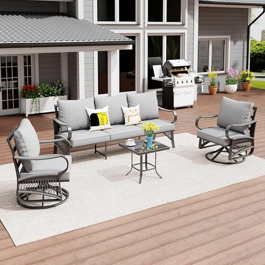 4 Piece Patio Furniture Set, All Weather Metal Outdoor Conversation Set with Swivel Chairs, Thick Cushions and Coffee Table for Garden, Porch, Lawn, Grey