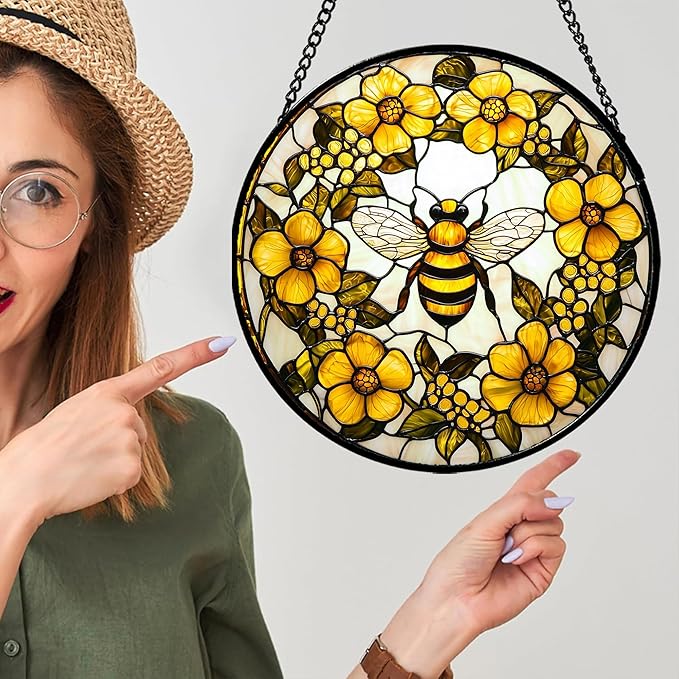 AMDERVEN Stained Glass Window Hanging - Yellow Flowers Surrounded by Bees Sun Catcher for Door Garden Home Decor Cute Suncatcher Christmas Mother's Day Birthday Gifts for Women Men Mom Nana 6.3 in