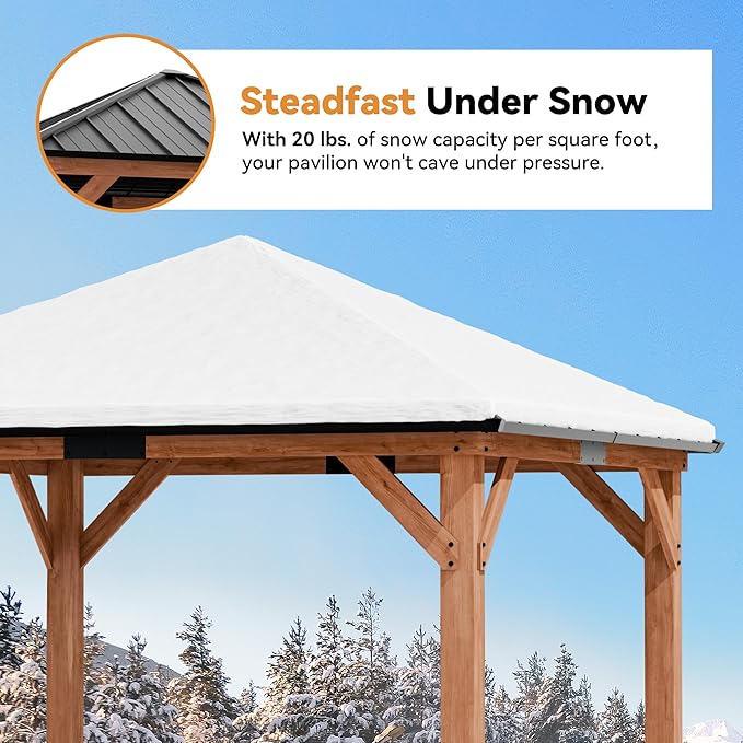 Modern Shade Tranquil Grove Wood Gazebo 10' x 10', Grill Gazebo with Galvanized Steel Roof, Mosquito Netting and Curtains, Permanent Hardtop Pavilion with Sturdy Hooks for Garden, Backyard