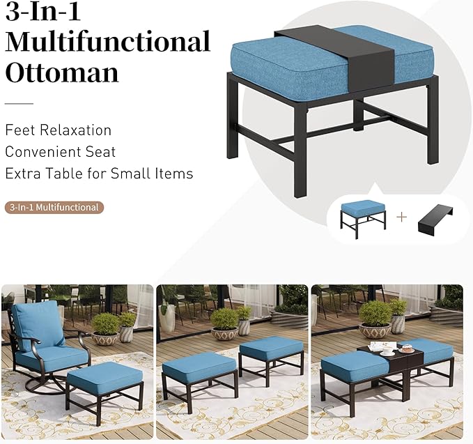 5 Piece Metal Outdoor Patio Furniture Set, Patio Conversation Sets 1 3-seater Sofa, 2 Fixed Chair, 2 Ottomans with 5.75" Thick Cushion, Black All-weather Frame Backyard Furniture, Navy