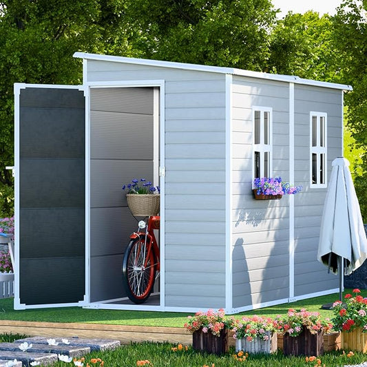 4x8 FT Lean-to Resin Shed with Floor Included, Waterproof Plastic Storage Cabinet, Garden Tool Sheds for Outdoor Wall