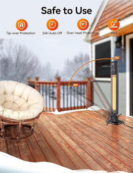 VAGKRI 42" 1500W Electric Outdoor Infrared Heater with Remote, 9 Heat Levels, 24H Timer, 1S Fast Heating, IPX5 Waterproof Tower Space Heater for Home, Office, Patio, Garage