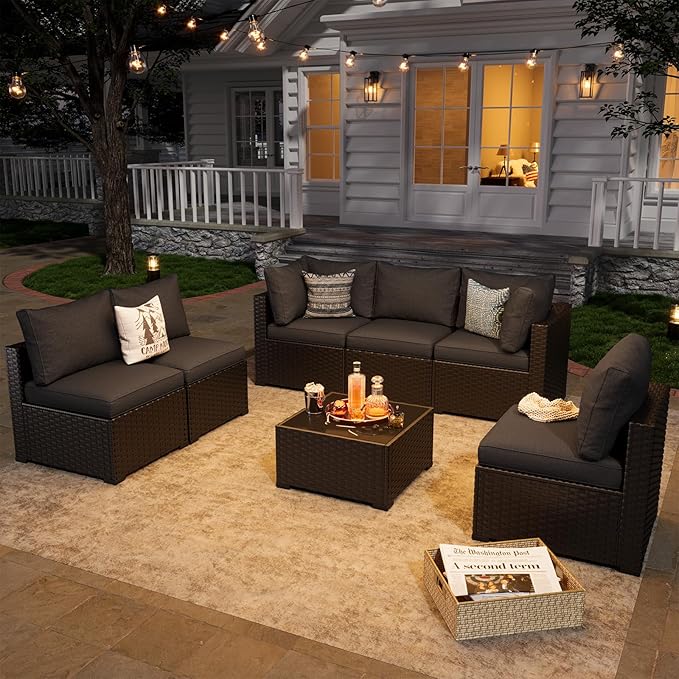 Aoxun 7 Piece Patio Furniture Set Wicker Rattan Patio Sectional Sofa Set Outdoor Seating Furniture with Thickened Cushion, Black