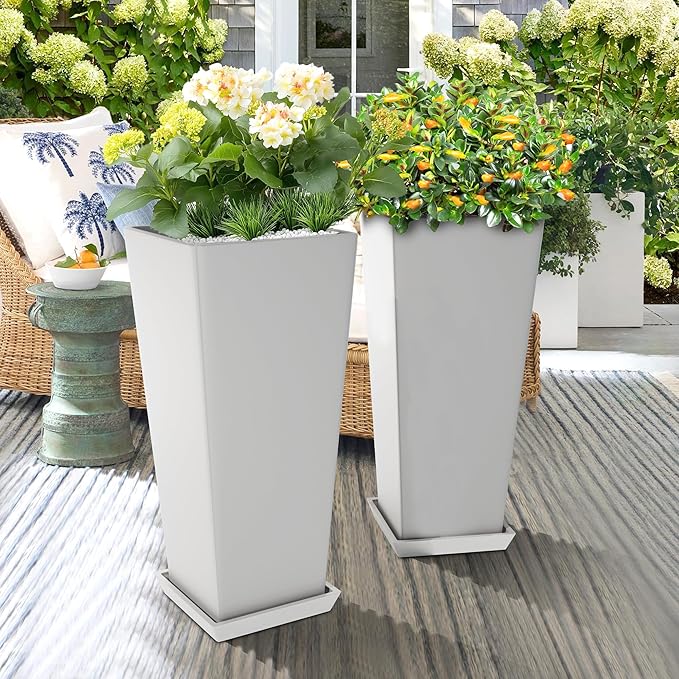 Set of 4 24" Tall Plastic Planters with Trays, Large Tapered Plant Pots for Indoor Outdoor Use, Modern Decorative Planters for Porch, Patio, Garden, and Backyard