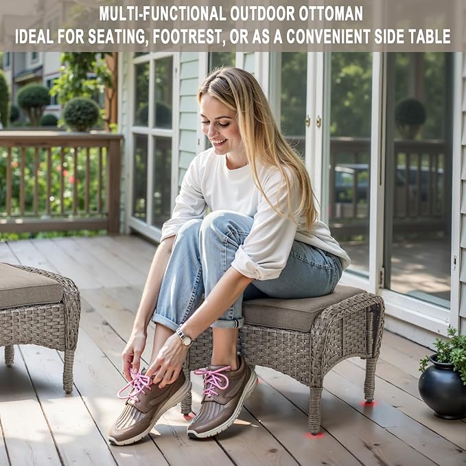 5 Piece Swivel Rocker Glider Outdoor Chairs Set of 2 with Ottoman and Glass Side Table Patio Bistro Furniture Set, Comfort High Back Wicker Patio Conversation Set for Deck Porch Sunroom