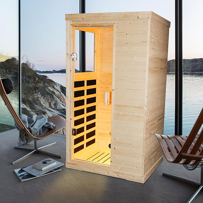 Infrared Sauna Home Traditional Sauna for Home Low EMF 1100W for 1 Person Relaxing Backboard with Control Panel, Bluetooth Speaker, Reading Lamp,Top Starry Sky (Natural Wood, 37.4”×27.5“×67.3”)