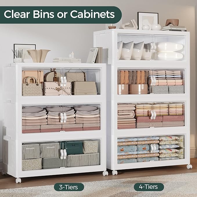 275Gal Stackable Storage Bins with Lid, 1100Qt Extra Large Collapsible Storage Box with Doors and Wheels, Plastic Closet Organizer and Storage Cabinet Drawer For Home Kitchen, 5Pack White