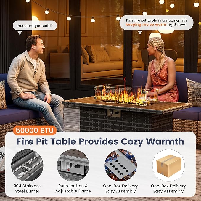 UDPATIO Patio Furniture Set with Fire Pit Table, 8 Inch Armrest Outdoor Sectional Sofa, 9 Piece Wicker Outdoor Furniture Conversation Sets with Waterproof Cover for Backyard Deck(Grey/Navy Blue)