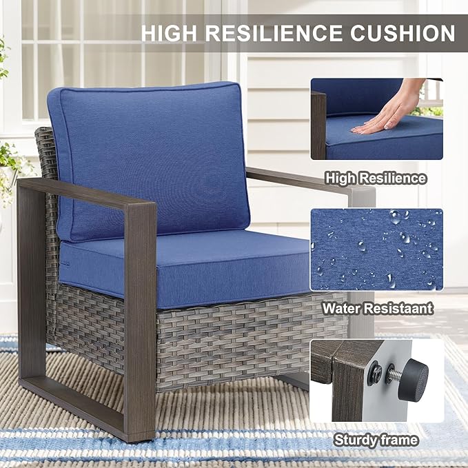 6 Piece Outdoor Patio Furniture Set with Propane Fire Pit Table, Wicker Patio Conversation Set with2 Patio Wicker Chairs Rattan Sofa and Removable 4" Thick Cushions for Deck Backyard