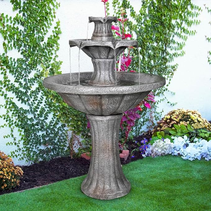 ourrco Marble Finish Concrete Outdoor Water Fountains 2-Tier Decor Dark Castle Designed 41.7" H Waterfall Fountains for Yard, Garden, Deck, Patio, Backyard, Porch, Lawn
