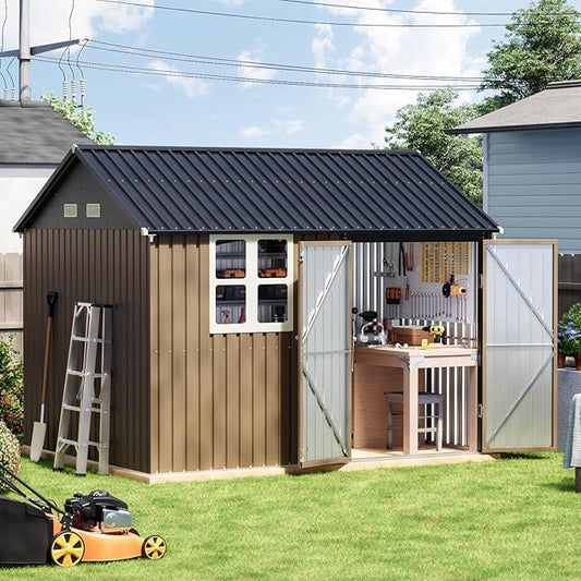 Update 8x10 FT Outdoor Metal Storage Shed, Single Door, 1 Clear Window, Tool Shed for Garden, Patio, Backyard Brown