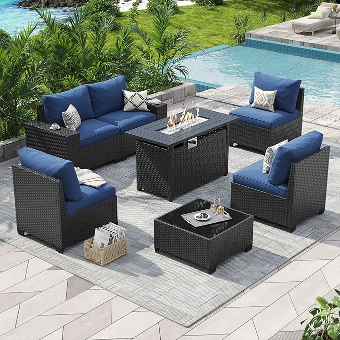 Aoxun Outdoor Patio Furniture Set with 44'' Fire Pit Table, 7 Pcs Outdoor Patio Furniture Sets with 4in Thicken Cushion, Widen Armrests Wicker Outdoor Sectional for Backyard (Gas Converter Include)