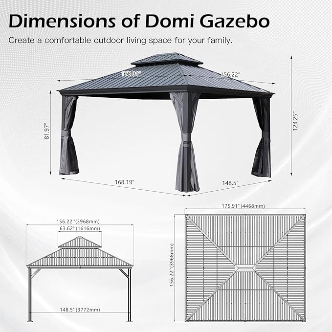 Domi 13x15FT Outdoor Gazebo, Hardtop Gazebo with Galvanized Steel Double Roof, Metal Gazebos with Drainage System Patio Pergola for Patio Deck Backyard,Curtain and Netting,Gray