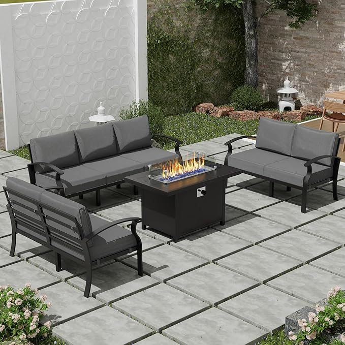Aluminum Patio Furniture Set with Fire Pit Table, 7 Seats Outdoor Conversation Set Modern Metal Patio Sectional Sofa with Upgrade Cushions for Patio, Backyard (Grey)