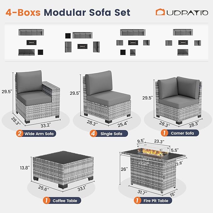 UDPATIO Patio Furniture Set with Fire Pit Table, 8 Inch Armrest Outdoor Sectional Sofa, 9 Piece Wicker Outdoor Furniture Conversation Sets with Waterproof Cover for Backyard Deck(Grey/Dark Grey)