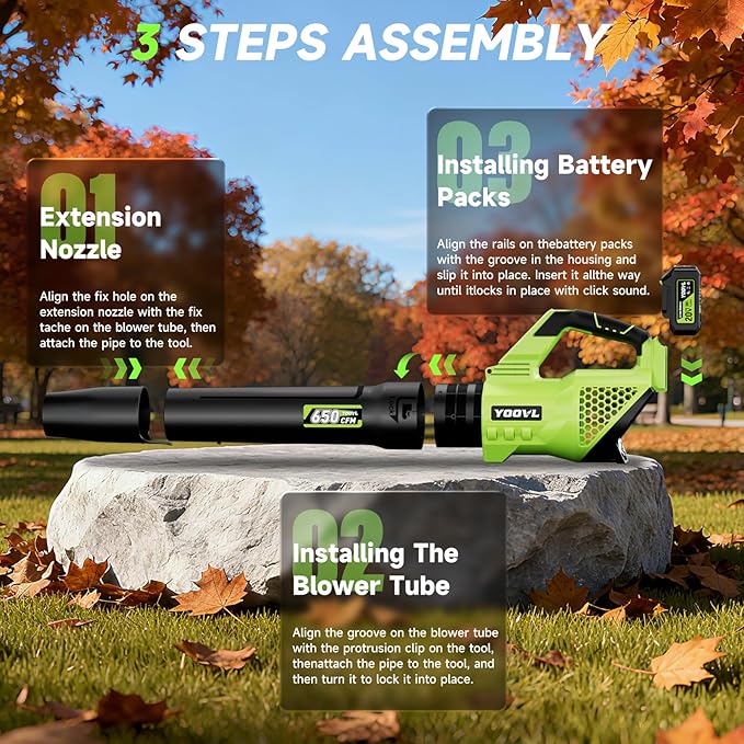 Leaf Blower Cordless, 650CFM Electric Leaf Blowers with 2 x 5.2Ah Batteries and Charger, 3 Speed Modes, 1 x Adjustable Shoulder Strap, Powerful Blowers for Lawn Care, Patio, Dust, Blowing Leaves