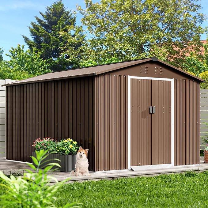 8X15 FT Metal Outdoor Storage Shed, Large Galvanized Steel Garden Tool Shed with Lockable Double Doors & Ventilation - Weatherproof Shelter for Bicycles, Lawn Mowers, Tools in Backyard
