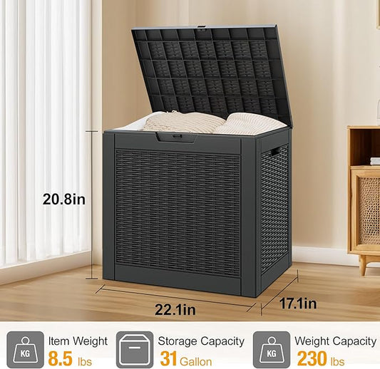 31 Gallon Resin Deck Boxes Waterproof, Waterproof and UV Resistant Outdoor Storage Box Lockable Lid for Delivery Box, Indoor, Garden Tools, Pool Supplies, Patio (Black, 31 Gallon)
