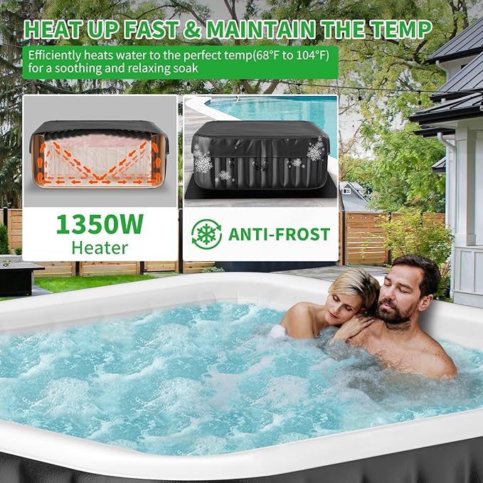 4-6 Person Square Inflatable Hot Tub, Blow Up Portable Hot Tub, Leak-Proof PVC Outdoor Spa with 130 Strong Air Jets, Heater Pump and Insulated Cover