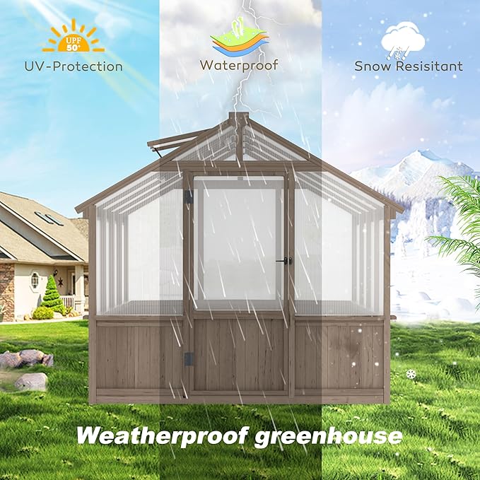 MUPATER 8' x 8' Wooden Polycarbonate Greenhouse with Ventilated Window & Lockable Door, 6mm Polycarbonate Panels for UV Protection, Walk-in Greenhouse for Outdoors, Patio, Backyard, Brown