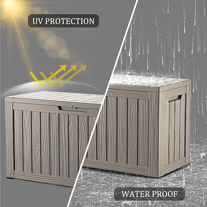 82 Gallon Waterproof Large Resin Deck Box Indoor/Outdoor Lockable Storage Container and Seating for Garden, Pool, and Patio (82 Gallon, Grey)