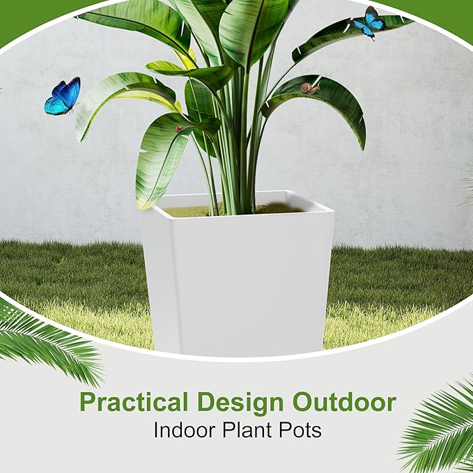 24" Tall Planters for Outdoor Plants, Set of 2 Large Outdoor Planters for Front Porch Decor with Drainage Hole, Front Porch Decor(White)