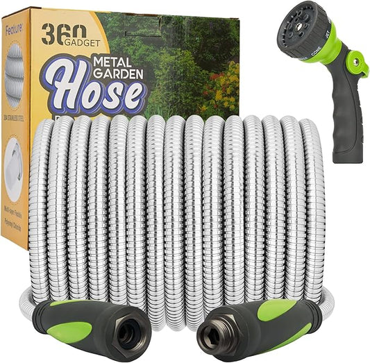 Garden Hose - Water Hose 75 FT with Swivel Handle & 8 Function Nozzle, Flexible, Heavy Duty, No Kink, Lightweight Metal Hose for Outdoor, Yard, 304 Stainless Steel