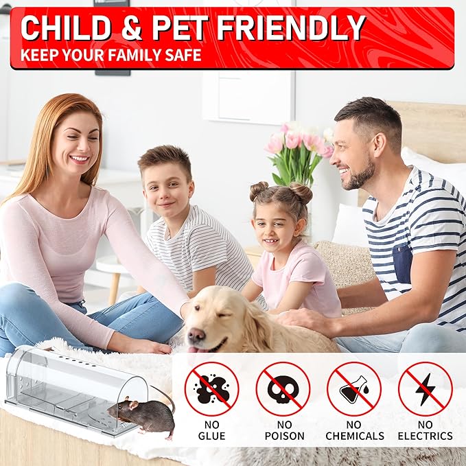 LULUCATCH Humane Mouse Traps 2 Pack, Live Mouse Traps, Catch Release Mouse Traps Indoor for Home, No Kill Mole Squirrel Rat Traps for House & Outdoors, Pet Safe, White
