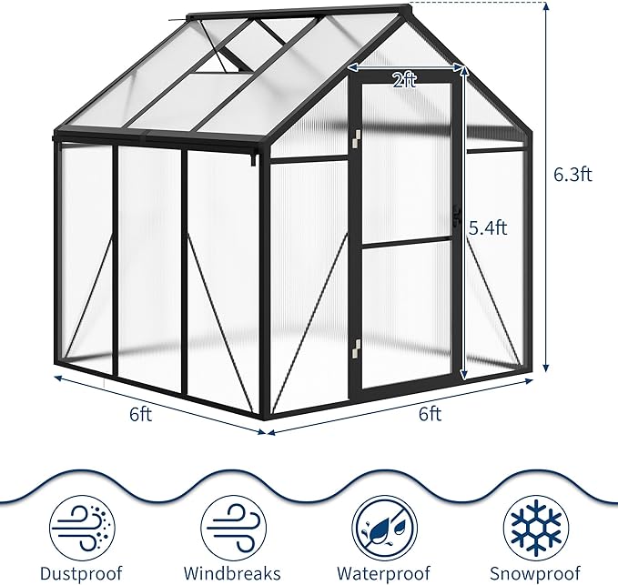 6 x 6 ft Greenhouse, Greenhouses for Outside, Polycarbonate Greenhouse with Aluminum Frame, Lockable Door and Ajustable Roof Vent for Backyard, Green Houses for Outside Garden Backyard, Patio