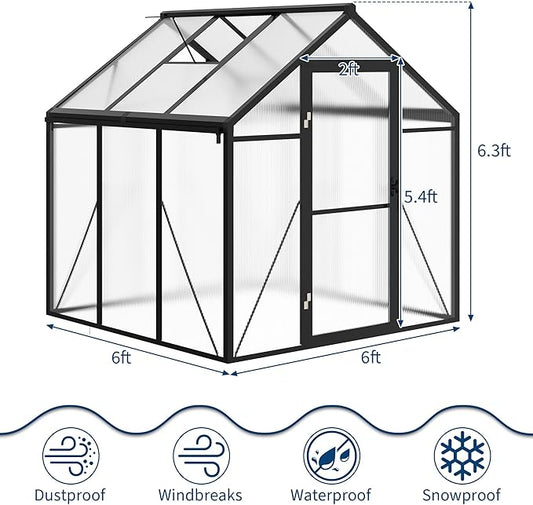 6 x 6 ft Greenhouse, Greenhouses for Outside, Polycarbonate Greenhouse with Aluminum Frame, Lockable Door and Ajustable Roof Vent for Backyard, Green Houses for Outside Garden Backyard, Patio