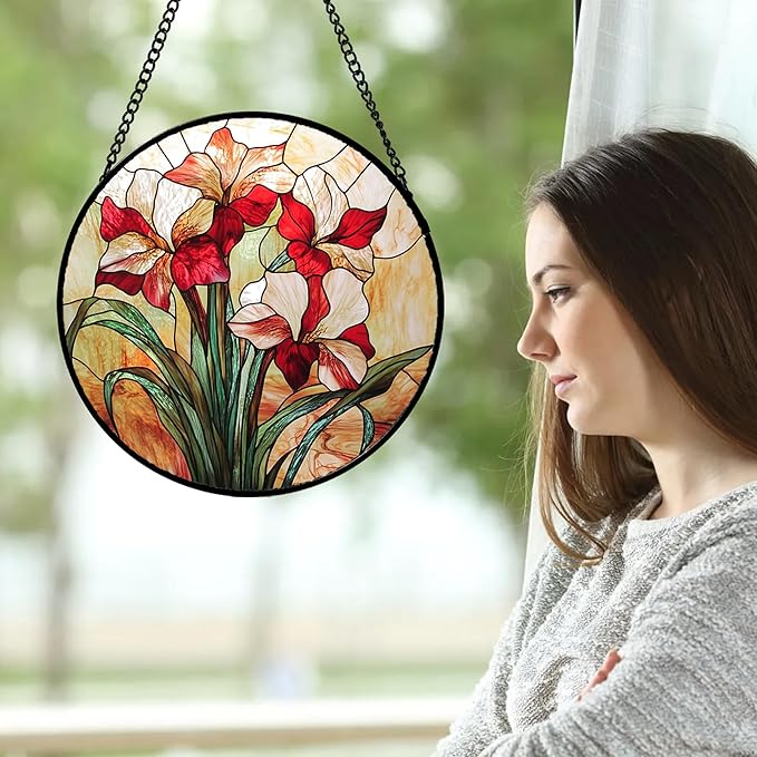 CRISGIF Stained Glass Window Hanging - Red Gladiolus Flower Suncatcher for Door Yard Sun Catchers Decor Christmas Mother's Day Birthday Gifts for Lovers Women Mom Nana Girlfriend Wife 15 in