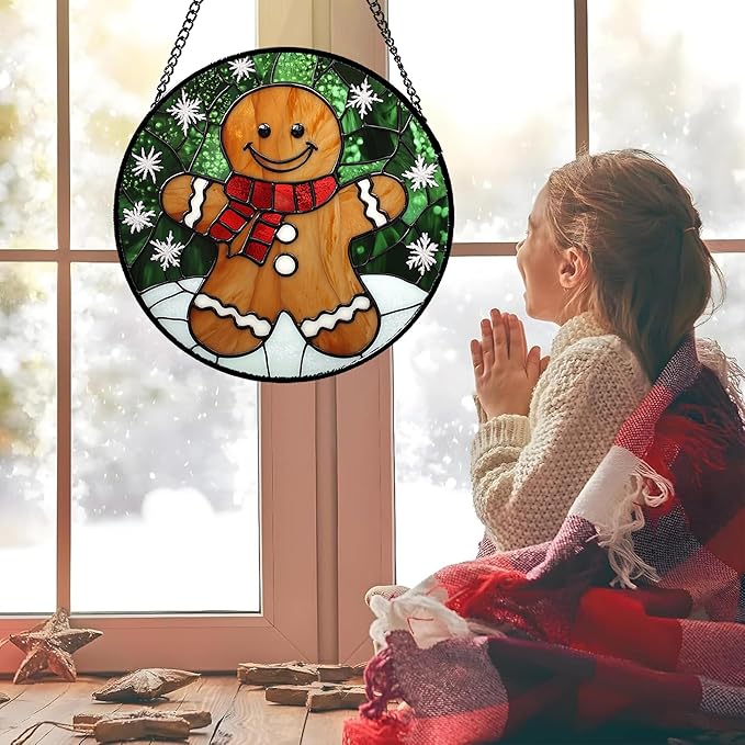 CRISGIF Stained Glass Window Hanging Cute Christmas Gingerbread Man Snowflake 6.3" - Suncatcher Door Garden Sun Catcher Home Decor Birthday for Mom Men Woman Nana Friend