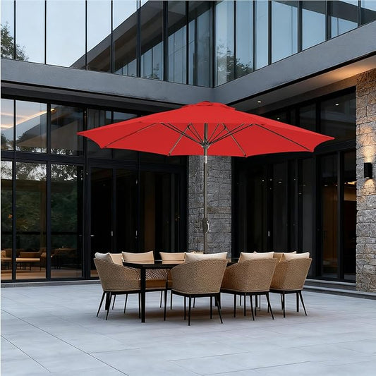 9FT Large Outdoor Patio Umbrella Market Table Umbrella-UV Resistant, Easy Push Button Tilt and Crank, 8 Sturdy Ribs Heavy-Duty Pool Umbrella for Deck, Backyard,Garden,Red