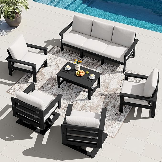 SERWALL HDPE Outdoor Patio Furniture Set, 8-Piece Outdoor Sectional Sofa with 2 Single Seat Swivel Sofas with Thick Cushions for Lawn, Deck, Black Frame with Beige Cushions