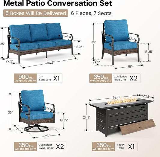 6 Piece Black Metal Outdoor Patio Furniture Sets with Firepit Table, Patio Conversation Sets 1 3-Seater Sofa, 2 Leg Sofa and 2 Swivel Sofa with 5.75" Cushion for Backyard Deck, Blue-2