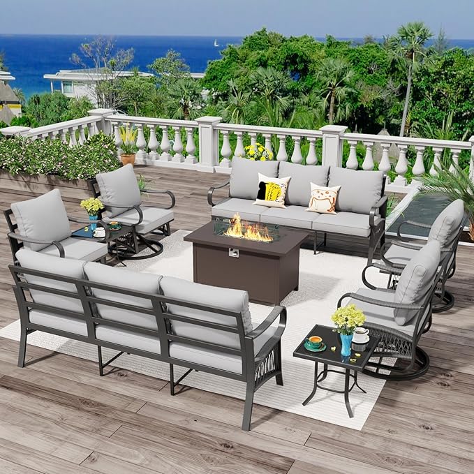 9 Piece Patio Furniture Set, 4 Single Swivel Chairs, Rope Braided Exposed with Thick Cushions, Outdoor All Weather Patio Conversation Sectional Sofa Set for Garden, Porch, Lawn, Grey