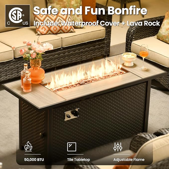 ovios 9 Pieces Patio Furniture Set, Outdoor Wicker Sofa Couch with Rocking Swivel Chairs Fire Pit Table, Modern Deep Seat Rattan Conversation Sets for Porch Deck, Beige