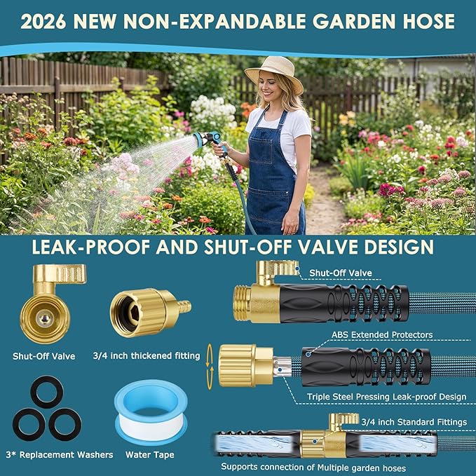 Garden Hose 75 ft Non-Expandable - Ultra Lightweight Super Flexible & Kink-Free Water Hose with Shut-Off Valve, 10-Pattern Nozzle & Holder, Leakproof Heavy Duty Hose for Yard Outdoor, Blue