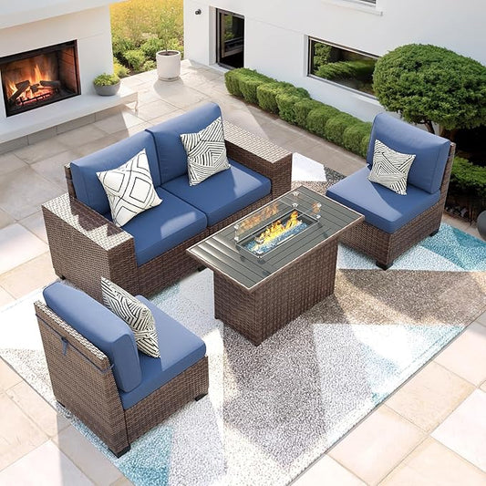 5 Piece Patio Furniture Set with Fire Pit Table, Wide Armrest Modular Outdoor Conversation Sets Brown PE Wicker Rattan Sectional Sofa, 4'' Thickened Cushion Navy Blue
